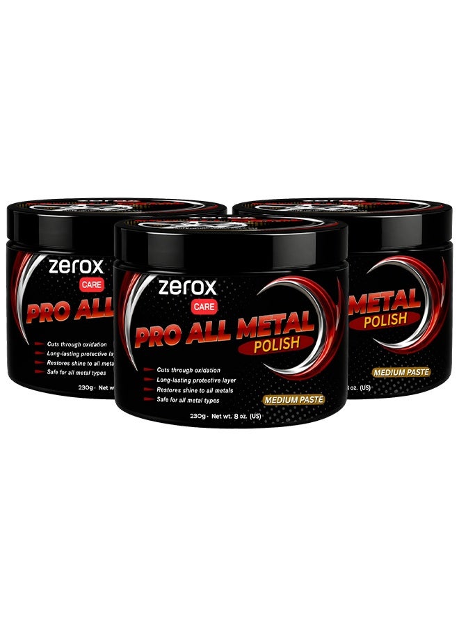 زيروكس مجموعة من 3 قطع من منتج Zerox Care Pro لتلميع جميع المعادن، عبوة 230 جرام، معجون متوسط ​​الكثافة للكروم والفولاذ المقاوم للصدأ والألومنيوم والأجزاء المعدنية. يزيل الأكسدة ويعيد اللمعان ويوفر حماية طويلة الأمد للاستخدام في السيارات والدراجات النارية والمنزل. - Image 1
